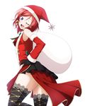  alternate_costume black_gloves black_legwear christmas commentary_request detached_sleeves eyebrows_visible_through_hair gloves hair_ornament hand_on_hip hat head_tilt highres looking_at_viewer love_live! love_live!_school_idol_project nishikino_maki one_eye_closed purple_eyes red_hair sack santa_costume santa_hat short_hair simple_background smile solo star star_hair_ornament white_background yu-ta 