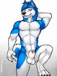  animal_genitalia anthro balls barefoot canine claws fur hair looking_away male mammal nude one_eye_closed pecs penis pose sheath smile solo standing toe_claws tsaiwolf wolf 