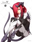  ass bodysuit hair_over_one_eye horns lg_electronics looking_to_the_side masin0201 personification pointy_ears red_eyes red_hair skin_tight solo spines tail 