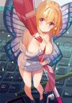  :t areola_slip areolae bare_legs bare_shoulders blush breasts butterfly_wings dengeki_moeou downblouse dress earbuds earphones earphones_removed fairy hair_between_eyes highres holding jpeg_artifacts keyboard_(computer) large_breasts minigirl necktie nipple_slip nipples no_bra non-web_source off_shoulder orange_hair pencil pixie pointy_ears pout pov red_eyes ribbed_sweater short_hair solo standing sweater sweater_dress tearing_up tetsujin_momoko wings 
