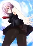  armpits ass black_dress black_legwear cloud cloudy_sky crotch_seam dress fate/grand_order fate_(series) from_below glasses highres looking_at_viewer mash_kyrielight necktie outdoors outstretched_arm outstretched_hand panties panties_under_pantyhose pantyhose purple_eyes purple_hair rikudou_inuhiko short_hair sky sleeveless smile solo thighband_pantyhose underwear upskirt white_panties 