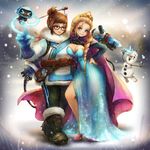  2016 :d aqua_eyes artist_name bangs beads belt belt_pouch black-framed_eyewear blonde_hair blue_dress blue_gloves blue_legwear boots braid breasts brown_eyes brown_footwear brown_hair canister canteen cape cleavage closed_mouth coat crossover disney dress drone elsa_(frozen) energy_gun firing floating frozen frozen_(disney) full_body fur-trimmed_boots fur-trimmed_jacket fur_boots fur_coat fur_trim glasses gloves grin gun hair_bun hair_ornament hair_stick hand_on_hip hand_up highres holding holding_gun holding_weapon hose index_finger_raised jacket kim_eul_bong knee_boots lips long_dress looking_at_another machinery medium_breasts mei_(overwatch) olaf_(frozen) open_mouth overwatch parka pink_lips pouch ray_gun robot shoes short_hair side_slit sidelocks single_braid smile snow snowball_(overwatch) snowflake_hair_ornament snowing spiked_shoes spikes standing strap swept_bangs tiara utility_belt weapon winter_clothes winter_coat 