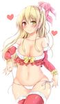  absurdres bare_shoulders belly blonde_hair blush bow breasts brown_eyes cleavage closed_mouth collarbone commentary_request curvy detached_sleeves fur-trimmed_legwear fur-trimmed_sleeves fur_trim hair_between_eyes heart heterochromia highres large_breasts long_hair looking_at_viewer navel original panties pikacchi plump red_legwear santa_costume side-tie_panties simple_background smile solo thick_thighs thighs underwear white_panties yellow_bow yellow_eyes 