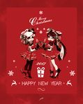  2017 2girls aori_(splatoon) artist_name bow christmas cousins cup cursive domino_mask dress drinking_glass english full_body gift gloves hair_ornament happy_new_year hat high_heels highres holding hotaru_(splatoon) large_bow leg_ribbon long_hair looking_at_viewer mask merry_christmas mini_hat mini_top_hat mole mole_under_eye multiple_girls new_year pantyhose parted_lips red red_background reindeer ribbon seto_(asils) short_dress short_hair short_sleeves signature smile smirk snowflakes splatoon_(series) splatoon_1 standing symmetrical_pose tentacle_hair top_hat wine_glass 