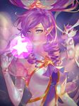  bare_shoulders closed_mouth creature drill_hair elbow_gloves familiar floating floating_hair gloves glowing hair_ornament janna_windforce league_of_legends leng light_particles long_hair magic magical_girl night night_sky pointy_ears purple_hair red_lips see-through sky star star_(sky) star_guardian_janna star_hair_ornament starry_sky tsurime twin_drills upper_body white_gloves wind 