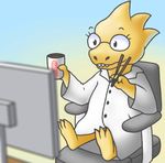  alphys chair chopsticks clothing computer computer_monitor eyewear female food glasses instant_noodles nakiri_(artist) noodles ramen reptile scalie sitting teeth undertale video_games 