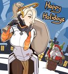  1girl beard bell blonde_hair chimney christmas christmas_tree english facial_hair hat high_ponytail highres mechanical_halo mercy_(overwatch) overwatch pantyhose sack santa_costume santa_hat santaclad_torbjorn snow splashbrush stuck torbjorn_(overwatch) 