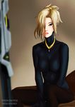 arms_between_legs black_shirt blonde_hair blue_eyes blurry breasts brown_background brown_legwear brown_pants chromatic_aberration collar commentary covered_nipples depth_of_field exhausted hair_over_one_eye high_ponytail highres indoors long_sleeves looking_at_viewer medium_breasts mercy_(overwatch) messy_hair no_armor no_bra nose overwatch pants pantyhose parted_lips partially_undressed pekoe_(robert) pink_lips realistic shirt sitting skin_tight solo staff tired undershirt v_arms watermark web_address 