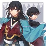  black_hair blue_eyes braid haori horikawa_kunihiro izumi-no-kami_kanesada japanese_clothes juugonichi_(wheeliex2) looking_back male_focus multiple_boys open_mouth shinsengumi side_braid smile touken_ranbu 