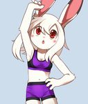  anthro armpits blush bra breasts clothing cub female lagomorph looking_up mammal navel open_mouth rabbit red_eyes shorts simple_background solo sports_bra standing underwear unrealplace young 