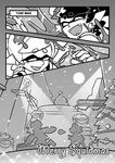  aori_(splatoon) christmas_tree comic cursive domino_mask earrings english face fangs greyscale grin highres hotaru_(splatoon) jewelry long_hair mask merry_christmas mole mole_under_eye monochrome multiple_girls open_mouth paint_splatter pointy_ears pun sharp_teeth short_hair silhouette smile snow splatoon_(series) splatoon_1 teeth tentacle_hair wong_ying_chee 