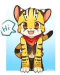  4_fingers anthro bandanna black_fur brown_eyes clothed clothing cub feline fur looking_at_viewer male mammal open_mouth orange_fur pants raier shirt smile solo standing striped_fur stripes text unrealplace young 