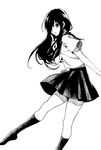  artist_name black_legwear black_skirt greyscale hair_over_one_eye highres kneehighs long_hair looking_at_viewer mole mole_under_eye monochrome original ribbed_legwear school_uniform serafuku short_sleeves signature skirt smile solo tokki 