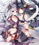  animal_ears bare_shoulders bell black_hair blue_eyes breasts cleavage collarbone erune fox_tail granblue_fantasy hair_ornament long_hair looking_at_viewer medium_breasts multiple_girls red_eyes reina_(black_spider) silver_hair smile socie_(granblue_fantasy) tail yuel_(granblue_fantasy) 