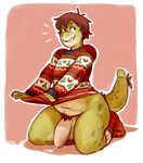  anthro balls clothed clothing cum cum_on_ground glitter_trap_boy hair legwear lizard looking_away male navel orgasm penis pubes reptile scalie sharp_teeth sitting slightly_chubby smile socks solo sweater teeth thick_penis uncut 
