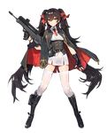  belt black_gloves black_hair boots brown_eyes buttons cape closed_mouth eyebrows eyebrows_visible_through_hair fingerless_gloves full_body girls_frontline gloves gun hair_between_eyes hair_ribbon highres holding holding_gun holding_weapon holster kishiyo long_hair looking_at_viewer necktie official_art pleated_skirt qbz-97 qbz-97_(girls_frontline) red_ribbon ribbon skirt smile solo standing strap thighhighs transparent_background trigger_discipline twintails very_long_hair weapon white_legwear 