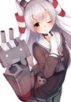  ;d amatsukaze_(kantai_collection) blush brown_dress brown_eyes choker cowboy_shot dress garter_straps gloves hair_between_eyes hair_tubes highres index_finger_raised kantai_collection long_hair long_sleeves looking_at_another one_eye_closed open_mouth puffy_long_sleeves puffy_sleeves rensouhou-kun rerrere sailor_dress short_dress silver_hair smile solo two_side_up white_gloves windsock 