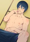  blue_eyes blue_hair blush collarbone covering_mouth free! hair_between_eyes hand_on_own_stomach lying male_focus male_swimwear nanase_haruka_(free!) nipples on_back pectorals shirtless solo soul_(tamashii) spread_legs swim_trunks swimwear tatami 