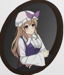  bow brown_eyes brown_hair commentary_request dress hat hat_bow highres long_hair long_sleeves looking_away looking_up mob_cap ozu_(agito100001) parted_lips purple_bow sidelocks solo touhou upper_body watatsuki_no_toyohime wide_sleeves 