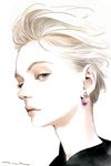  closed_mouth earrings face flower_earrings forehead green_eyes jewelry kyoung_hwan_kim lips looking_at_viewer nastya_kusakina neck profile real_life short_hair signature solo white_hair 