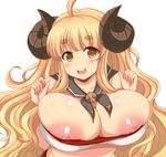  1girl afuro ahoge anila_(granblue_fantasy) areolae beltbra blonde_hair breasts brown_eyes bursting_breasts collarbone female goat_horns granblue_fantasy horns huge_breasts long_hair looking_at_viewer midriff nipples open_mouth simple_background solo upper_body wavy_hair white_background 