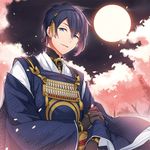  black_gloves blue_eyes blue_hair cherry_blossoms full_moon gloves japanese_clothes juugonichi_(wheeliex2) male_focus mikazuki_munechika moon night petals sayagata smile solo touken_ranbu tree 