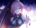  armor armored_dress backlighting blurry breasts cleavage close-up commentary crying crying_with_eyes_open depth_of_field fate/grand_order fate_(series) hair_over_one_eye half-closed_eyes holding_shield large_breasts lens_flare looking_at_viewer mash_kyrielight open_mouth out_of_frame purple_eyes purple_hair reaching shield short_hair sky smile solo_focus spoilers star_(sky) starry_sky tears teeth upper_body wowishi 