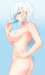  1girl artist_name blue_eyes cslucaris female food ice_cream nude one_eye_covered rwby sexually_suggestive solo sucking suggestive sweat tagme winter_schnee 