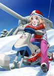  abazu-red alternate_costume blonde_hair blue_eyes blurry boots coat commentary_request crossed_arms day depth_of_field girls_und_panzer gloves ground_vehicle hat highres kay_(girls_und_panzer) long_hair looking_at_viewer m4_sherman military military_vehicle motor_vehicle open_mouth pants pink_pants red_coat red_hat riding sitting sky smile snow snowmobile solo tank white_gloves winter_clothes 