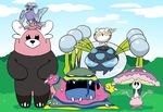  alolan_muk araquanid bear bewear bird black_eyes blob blue_sky bug claws closed_eyes cloud commentary_request crystal day facing_viewer furukawa_(yomawari) gen_7_pokemon grass highres looking_at_viewer muk mushroom no_humans on_head open_mouth oricorio pokemon pokemon_(creature) pokemon_on_head sharp_teeth shiinotic sky smile spider teeth togedemaru water 