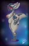  2016 anthro areola bantar2 big_breasts big_butt blue_hair blush breasts butt female fur hair hyena mammal nipples nude simple_background smile solo thick_thighs 