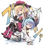  ahoge antlers ascot ball_gag bare_shoulders bell bell_collar black_gloves black_legwear blonde_hair blue_hair boots collar commentary_request cow_bell crawling crossed_legs dress elbow_gloves fang flandre_scarlet frills fur_trim gag gagged gloves hair_between_eyes hat human_chair human_furniture long_sleeves multiple_girls noya_makoto open_mouth red_eyes reindeer_antlers remilia_scarlet riding_crop sack santa_hat short_hair side_ponytail simple_background sitting sitting_on_person skirt skirt_set sleeveless tears thighhighs touhou translation_request trembling 