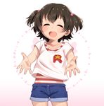  :d akagi_miria black_hair blush closed_eyes denim denim_shorts idolmaster idolmaster_cinderella_girls nekopantsu_(blt) open_mouth outstretched_arms round_teeth short_hair shorts smile solo teeth twintails two_side_up 