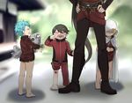  barefoot black_hair blanket blonde_hair blood blue_eyes blue_hair blurry child closed_eyes crying depth_of_field fish flying_teardrops grin hands_on_hips head_out_of_frame height_difference horikawa_kunihiro izumi-no-kami_kanesada long_hair male_focus multiple_boys out_of_frame porch scrape shorts smile soul_(tamashii) touken_ranbu track_suit very_long_hair wet wet_clothes yamabushi_kunihiro yamanbagiri_kunihiro younger 