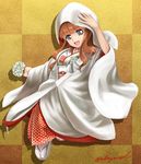  abazu-red bangs blunt_bangs bouquet checkered checkered_background commentary flower girls_und_panzer holding holding_flower hood japanese_clothes kimono long_hair looking_at_viewer open_mouth orange_background orange_eyes orange_hair sandals smile solo standing tabi takebe_saori twitter_username uchikake white_legwear 