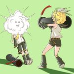  1girl 2016 arm_warmers arms_at_sides bazooka belt birthday black_shorts blonde_hair blouse bruise burnt_clothes carrying_over_shoulder dirty_face explosion finger_on_trigger firing green_background headphones highres injury kagamine_len kagamine_rin leg_warmers legs_apart messy_hair necktie outstretched_arm over_shoulder paper pocket prank ribbon ribbon-trimmed_shorts ribbon_trim rindo sailor_collar shadow shoe_soles short_hair short_shorts shorts simple_background sleeveless smoke squiggle standing torn_clothes vocaloid weapon weapon_over_shoulder white_blouse white_ribbon yellow_neckwear 