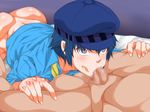  1girl :&gt;= ass bed black_eyes blue_hair blush bottomless censored clothed_female_nude_male collared_shirt fellatio hat highres indoors ko1444 legs looking_up lying mosaic_censoring oral penis persona persona_4 shirogane_naoto short_hair solo_focus spread_legs thighs 