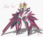  artist_name blonde_hair blue_eyes bodysuit breasts character_name claire_harvey cleavage commentary drill_hair full_body gauntlets greaves hand_on_hip headgear holding holding_weapon huge_weapon hundred large_breasts leotard long_hair looking_at_viewer mecha_musume nenchi red_leotard shadow signature simple_background solo standing twin_drills weapon white_background 