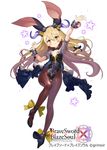  animal_ears ankle_ribbon arm_up black_dress black_legwear black_leotard blonde_hair blush braid brave_sword_x_blaze_soul breasts bunny_ears bunnysuit copyright_name dress floating_hair hair_between_eyes hand_up high_heels highres leotard long_hair looking_at_viewer matsui_hiroaki official_art outstretched_arm pantyhose ribbon short_sleeves simple_background small_breasts smile solo star starry_background twin_braids watermark white_background wrist_cuffs yellow_ribbon 