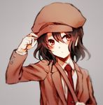  :/ adjusting_clothes adjusting_hat asada_ryou black_hair blush cabbie_hat closed_mouth commentary_request dress_shirt forbidden_scrollery hair_between_eyes hat long_sleeves looking_at_viewer necktie pointy_ears red_eyes red_neckwear shameimaru_aya shirt short_hair solo suit_jacket touhou upper_body white_shirt 