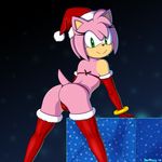  2016 amy_rose anthro butt camel_toe christmas clothing devo87 eyelashes female fur gift green_eyes hair hat hedgehog hi_res holidays legwear looking_at_viewer mammal pink_fur pink_hair santa_hat smile solo sonic_(series) stockings 