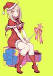  akamatsu_kaede bangs beamed_eighth_notes beamed_sixteenth_notes blonde_hair blush boots box danganronpa dress eighth_note gift gift_box hat knee_boots long_hair looking_at_viewer musical_note musical_note_hair_ornament new_danganronpa_v3 parted_bangs protected_link purple_eyes red_dress red_footwear ribbon santa_costume santa_hat simple_background sitting sixteenth_note smile solo wand yellow_background zuizi 