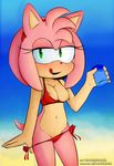  2016 amy_rose anthro areola bedroom_eyes big_breasts bikini blush breasts clothing cummysonic exposed_breasts female hair half-closed_eyes hearlesssoul hedgehog hi_res looking_at_viewer mammal navel nipple_slip nipples one_breast_out open_mouth presenting seductive smile solo sonic_(series) swimsuit tongue tongue_out undressing video_games 