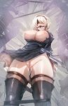  ass_visible_through_thighs ball_gag black_dress black_legwear blindfold bow_(bhp) breasts censored cleavage dress gag gagged hairband large_breasts mole mole_under_mouth mosaic_censoring nier_(series) nier_automata nipples no_panties pussy short_hair skirt solo thighhighs thighs white_hair yorha_no._2_type_b 