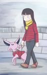  aka_kyatatsu black_hair closed_eyes collar commentary_request dog_tags espeon gem gen_2_pokemon highres long_hair looking_up natsume_(pokemon) pokemon pokemon_(creature) pokemon_(game) purple_eyes scarf sweater 