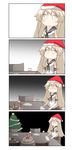  4koma absurdres blonde_hair blush cake chair christmas_tree comic commentary cup drinking_glass elbow_gloves food fork gloves hat highres kantai_collection knife lonely long_hair nanakusa_nazuna neckerchief sailor_collar santa_hat shaded_face shimakaze_(kantai_collection) silent_comic sitting smile table white_eyes wine_glass zooming_out 