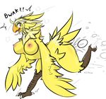  anthro avian beak big_breasts blue_eyes breasts chocobo claws dialogue egg english_text feathered_wings feathers female final_fantasy oviposition pussy_juice sepiruth solo square_enix text video_games wings 