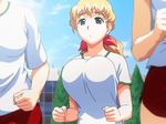  3girls animated animated_gif blonde_hair blue_eyes bouncing_breasts bow breasts egis fukurai_naho gym_shorts head_out_of_frame huge_breasts long_hair multiple_girls ponytail reversible running shorts 