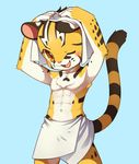  4_fingers anthro black_fur blue_background blush bulge clothed clothing cub feline fur looking_at_viewer male mammal naked_towel one_eye_closed orange_fur raier shadow simple_background smile solo standing striped_fur stripes topless towel_wrap unrealplace white_fur wink young 