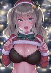  alternate_costume aqua_eyes bell black_bra blurry blurry_background bra breasts capelet cleavage eyebrows_visible_through_hair fur_trim hair_ornament hat highres kantai_collection kashima_(kantai_collection) lace lace-trimmed_bra large_breasts long_sleeves looking_at_viewer open_mouth santa_costume santa_hat shiny shiny_hair shiny_skin shirt_lift silver_hair solo teeth twintails underwear usa_b 